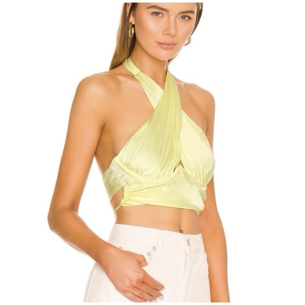 For Love & Lemons Rana Cross Front Crop Top Yellow Satin Halter Size S NWT